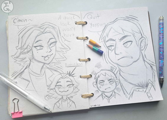 - Drawing Type:
Sketchbook

- [ 2 ] Character/s:
* Human / Male / Daisuke
* Human / Male / Swansea

- Description:
Sketchs of Daisuke and Swansea, characters from the game Mouthwashing. Text:
* C'mon~
* A quick look won't hurt
* (Brainless)
* Quit yapping