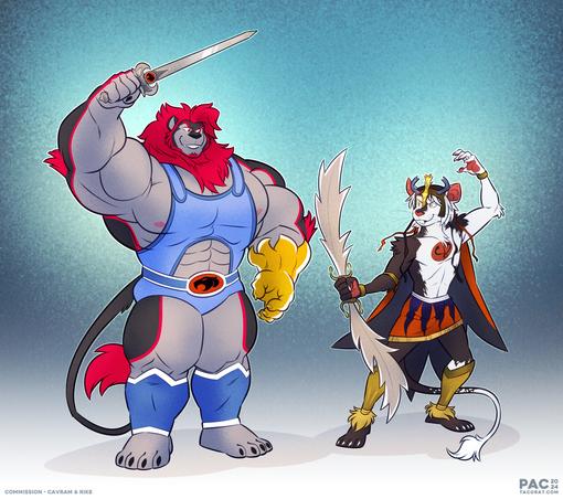 Thundercats cosplay from the 80s cartoon with Rike the lion dressed as Lion-o and Cavram the mouse dressed as Mumm-Ra the Ever Living