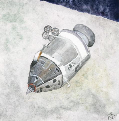 SILENT SEAS by Danielle Rose Baker. A square watercolor painting of an Apollo command and service module orbits against the mottled surface of the Moon, shown in faint grays and greens, with a sliver of dark space in the upper right corner. Within the capsule, a solitary astronaut awaits the return of his crewmates from the surface.