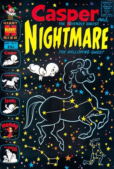 On the cover, Caspar is surrounded by stars and constellations. The title is nightmare. Which is the name of his invisible horse.