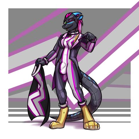 Calyo has just finished posing for a photoshoot while wearing a two-piece latex catsuit and tailcoat outfit themed by the rubber pride flag done up in asexual pride colors.

She's tugging at the jacket's lapel, revealing that she is glued into the outfit and can't escape it. Drips of glue peek out from under the jacket and around her wrists.

Her collar, as well as cuffs on her wrists and ankles, have ace pride color bands, and her feet are completely booted up in cured glue~

Her free hand is holding a rubber ace pride flag, and the background has a stylized rubber ace pride kink bands.