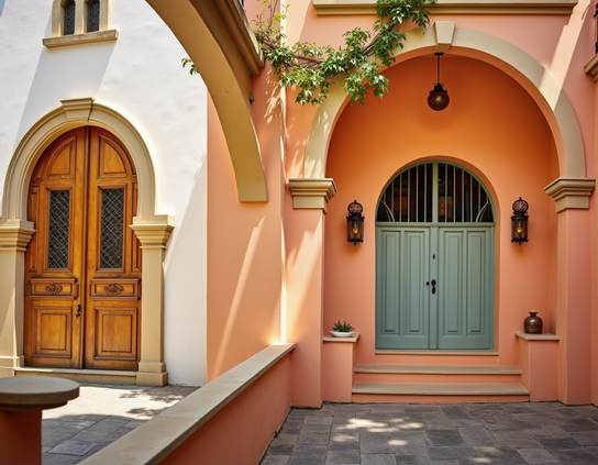 Two attached houses, one off-white with a door of elaborately carved wood, and the other painted warm peach, with a pale green door in an arched recess, a low wall separating them.