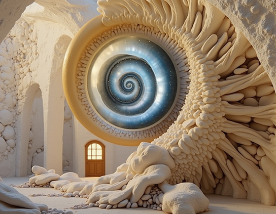 A cosmic spiral wormhole dominates the whitewashed stone sculptural exterior of a house with a small wooden door set beneath.