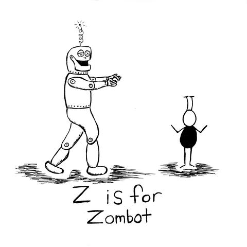 A robotic zombie shambles towards a shrugging Martian. Text reads "Z is for Zombot".