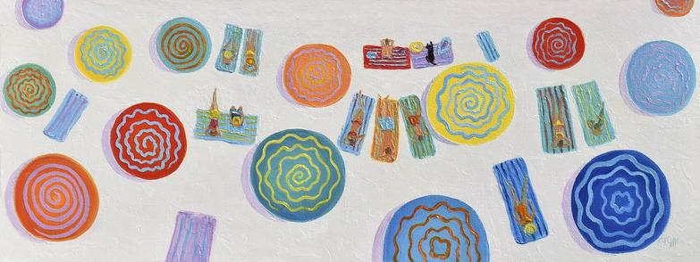 A panorama, abstract beach painting with colorful lollipop umbrellas and people sunbathing on a summer's day.