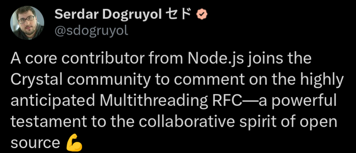 A core contributor from Node.js joins the Crystal community to comment on the highly anticipated Multithreading RFC—a powerful testament to the collaborative spirit of open source 💪
#crystallang #nodejs @CrystalLanguage