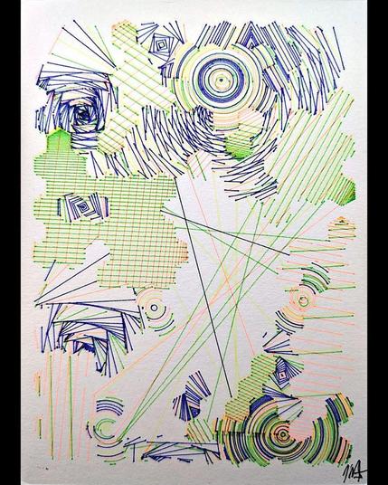 A deeply intricate pen plotter piece inspired by wave function collapse. Its dynamic, sweeping lines and swirling intersections echo the chaos of a mind struggling in the storm. The layers of lines symbolize descent, revealing the intricate, uncontrollable patterns of thought, emotion, and the universe. The artwork's abstract nature allows the viewer to feel the intensity of forces beyond control, blending physical and mental states into one visual narrative.