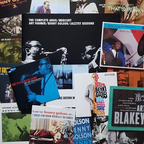 assembly of CD booklets by (some: with) Benny Golson, clockwise, outside to inside from top left: "Stockholm Sojourn", "Benny Golson's New York Scene", "New Time, New 'tet", "That's Funky", "Art Blakey et les Jazz-Messengers au Club St Germain", "Groovin with Golson" (mostly covered), "The Complete Columbia and RCA Album Collection" by Art Blakey, "Gettin' with It" (mostly covered), "Benny Golson Quartet Live", "The Modern Touch", "Gone with Golson", "Three Little Words", "Art Blakey and The Jazz Messengers" (aka "Moanin'"), "The Complete Argo/Mercury Art Farmer/Benny Golson/Jazztet Sessions", "The Other Side of Benny Golson", "Clifford Brown Memorial" and "Benny Golson and The Philadelphians"