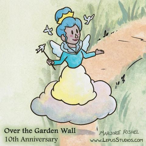 A woman with blue hair rides a cloud that floats along a path. The skirt of her gown is made from clouds. Birds circle her head. Based on The Queen of the Clouds from the cartoon mini-series, Over the Garden Wall.