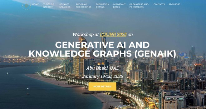 WEBPAGE OF THE WORKSHOP on Generatiuve AI and Knowledge GRaphs, GenAIK 2025, co-located with COLING 2025, in Ab u Dhabi, UAE. 
The Background is showing a picture of the Abu Dhabi skyline in the evening.