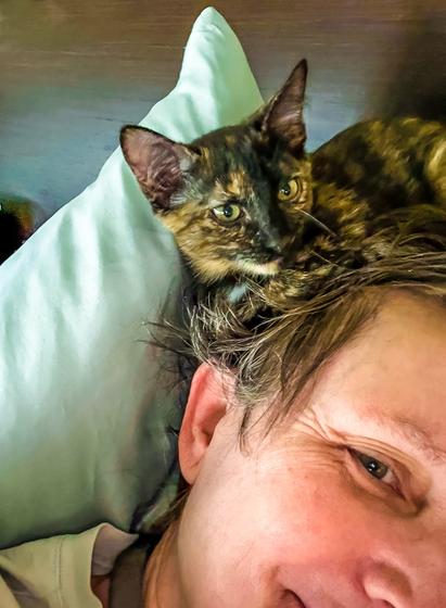 Indoors, bedroom. Selfie from my pillow with a tortoiseshell kitten draped over the top of my noggin.