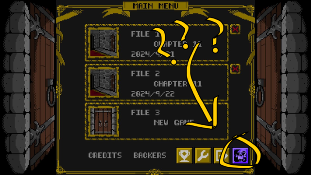 The Beyond Shadowgate main menu, with a purple skull icon circled and pointed to with a lot of question marks. WHAT COULD IT BE?