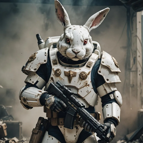 white rabbit in sci-fi trooper armor with gun