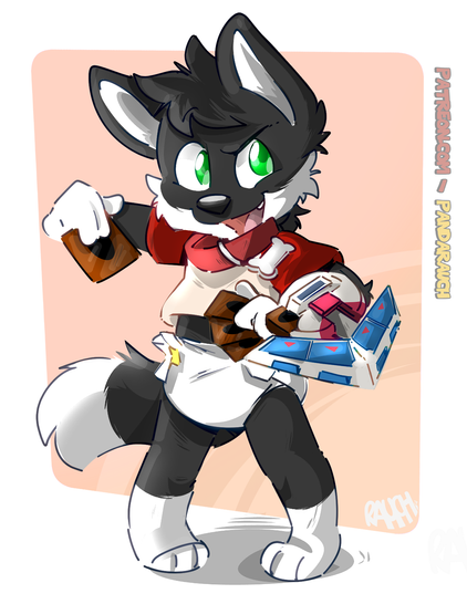 An image depicting a young fox kit wielding a Yu-Gi-Oh! duel disk while he holds some cards in his hand. He's wearing a collar, a t-shirt and a diaper, and has a confident smile on his face as if challenging the viewer.