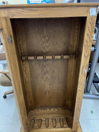 Thinking of buying and repurposing this long gun case as a data server cabinet , looks like it’s meant to hold six rifles. All wood, solid construction with a f glass pane in the front and a latch for a lock. Width about 30 inches, depth 24 inches, pretty tall, at least 50 inches. Priced at 21 dollars.