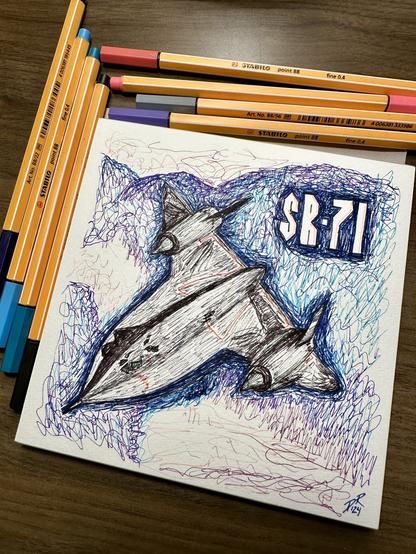 WICKED BLACKBIRD by Danielle Rose Baker. An illustration in colored fine-tip markers of the SR-71 Blackbird stealth jet in flight, with a multi-colored background abstractly representing mountains and valleys below. The scribbled style of the sketch reminded me of things you’d draw on your school binder in ballpoint pen, so I added the words “SR-71” with a cool S (80s kids will know) in a stylized font.