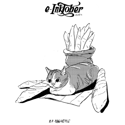 A black and white drawing of a cat in loaf position with some baguette breads around him.
