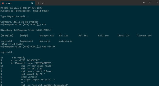 A Windows Terminal windows showing PC-DCL, a command shell simulates the OpenVML DCL