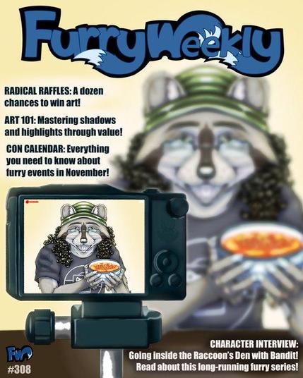Issue 308 cover featuring Bandit the raccoon filming a Youtube video. Art by avalon.yjrn on Instagram.