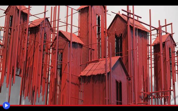 Opera scultorea composta da sette capanne stereotipate, verniciate di rosso e interconnesse da un reticolo di pali e bastoni. Con le pareti che sfumano nella discontinuità di linee verticali, gli edifici paiono magicamente sospesi in aria.