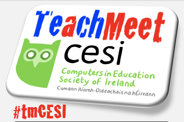 a logo that spells TeachMeet in primary red and blue, and has a green owl icon below beeside the word cesi, computers in education society of ireland