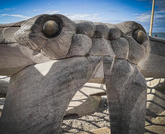 un crabe en bois avec des boules de pétanques pour faire les yeux