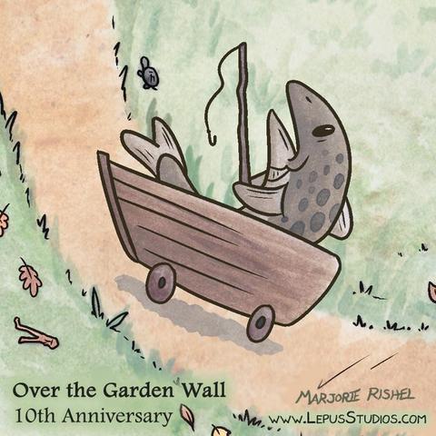 A grey-brown fish sits in a wooden boat and holds a fishing rod. The boat has wheels so it can roll along a path. Based on the fishing fish from the cartoon mini-series, Over the Garden Wall.