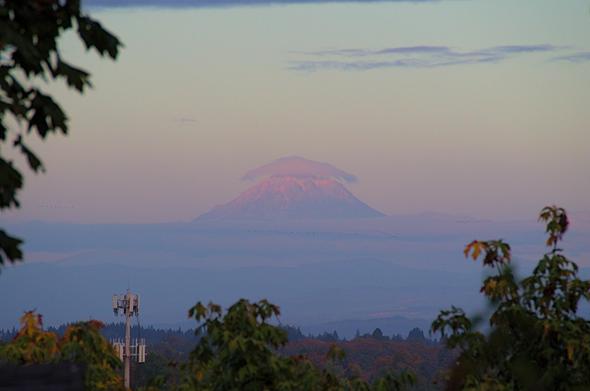 A zoomed in picture of a distant snow-covered mountain, pink and purple with the evening light. Its peak is obscured by a lenticular cloud. The sky is otherwise mostly clear and is shades of yellow and orange. The foreground is full of trees and one cell tower to the left.