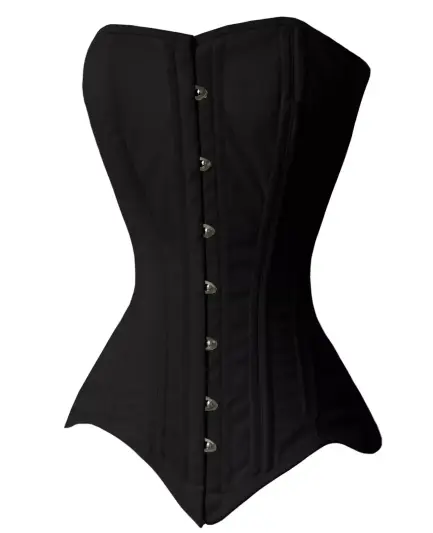a black spiral steel boned overbust corset with metal front busk