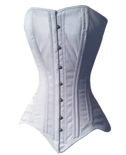 a white spiral steel boned overbust corset with metal front busk