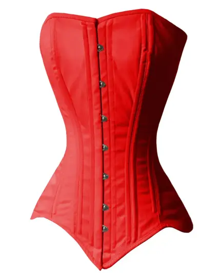 a red spiral steel boned overbust corset with metal front busk