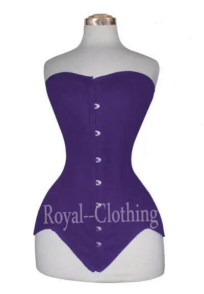 a long purple overbust corset with spiral steel bones and bront buckles.