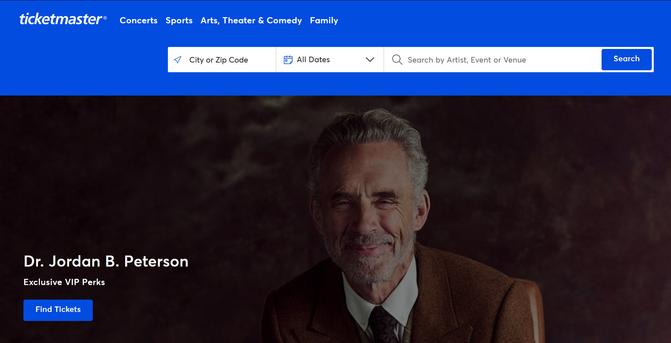 A full screen add on Ticketmaster for Jordan Peterson’s terrible incel tour or whatever