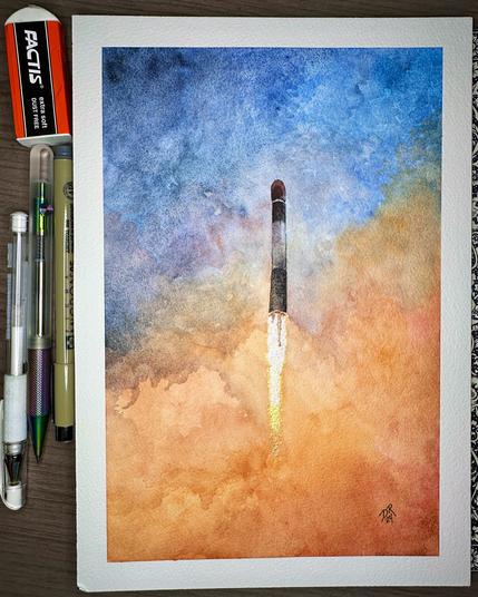 FIREFLY RISING by Danielle Rose Baker
A watercolor painting of the fourth Firefly Aerospace Alpha rocket launch from Vandenberg SFB on 12/22/23. A slender black and white rocket rising through clouds of exhaust, colored shades of orange, rising to a dark blue sky. The entire scene is washed by a diagonal gradient from orange to blue, with only the rocket’s plume shown in bright white and shimmering gold.