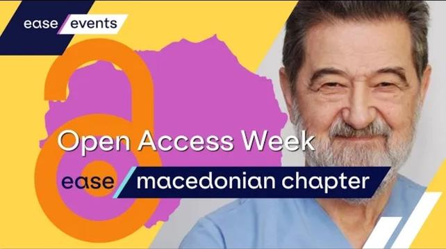 ease events
Open Access Week
ease macedonian chapter

The orange open padlock symbol for open access is overlaid on a magenta map outline of North Macedonia, on a yellow background.

On the right is Mirko Spiroski, Chapter Chair and Editor-in-Chief, Open Access Macedonian Journal of Medical Sciences, North Macedonia. He is smiling and has short black hair, a grey beard and moustache, and is wearing a light blue top.