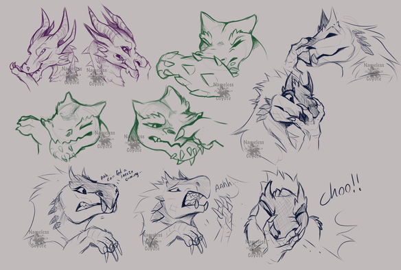 A bunch of headshot sketches of monster hunter monsters, sneezing, scratching their nose.
