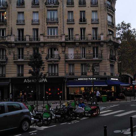 Une mosaïque bleue et verte représentant un space invader, collée juste au dessus de la devanture d'un fleuriste, sur un immeuble Haussmannien.
