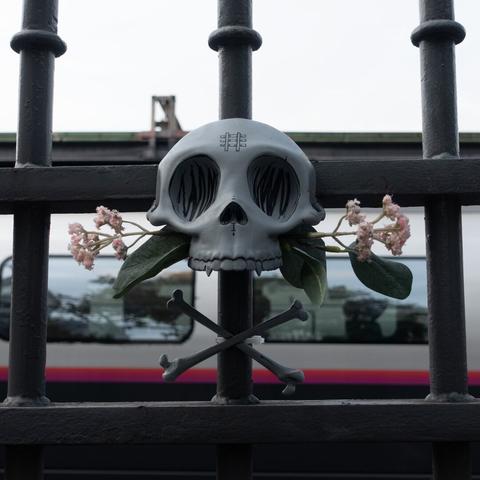 A front view photo of a stylized human skull,  cossbones sculpture and plastic flowers hanging on a train station fence . The skull is light gray with some black lines drawn on it, some artificial leaves and flowers are sticking out from each side of his upper jaw . it has no lower jaw. The skull has a train track drawn on the forehead.