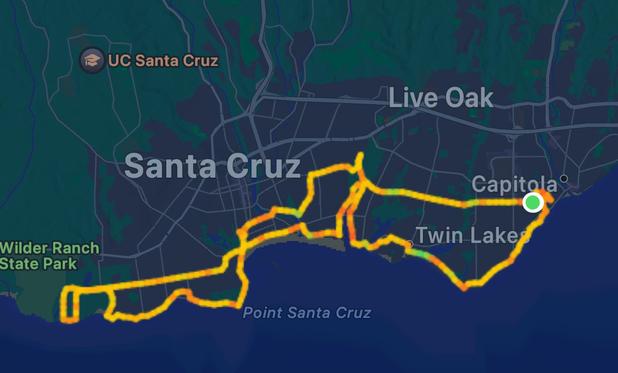 Capitola to north Santa Cruz 20 mile bike ride route map.