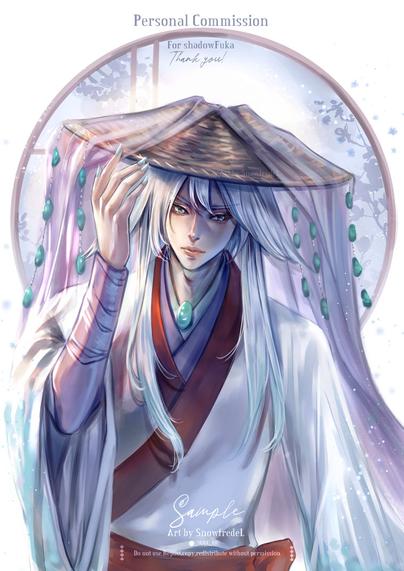 Pokemon gijinka in human form (humanize) froslass in traditional chinese oriental outfit with straw hat in light blue tone fanart commission digital art by snowfredel