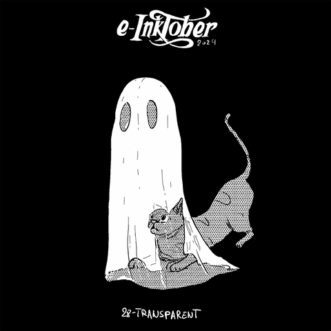 A black and white drawing of a cat lurking inside a ghost on a black background. the ghost is a transparent bedsheet with 2 holes for the eyes.