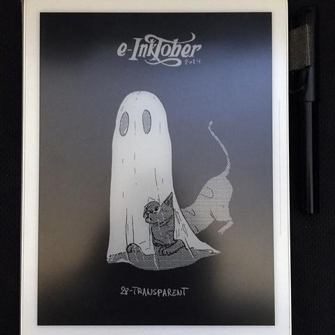 A photo of the same black and white drawing of a cat and ghost, on the e-ink tablet it was drawn.