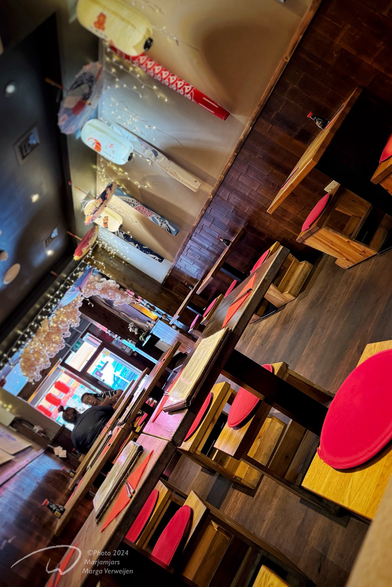 Favorite place to escape the busy center of Dublin for a delicious Japanese lunch in a beautiful interior with red cushions and accessories like the Koinobori, the carp-shaped windsocks.