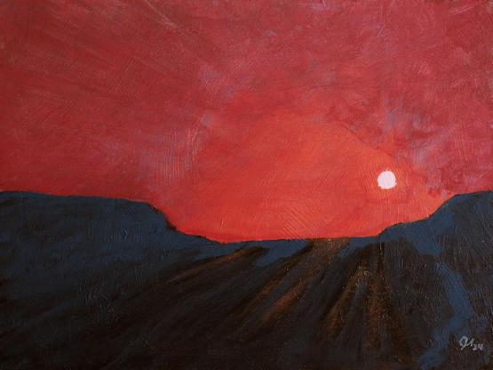 A painting of sunset? No, not bright enough. A moonrise, or some other light in a red sky casting shadows over a barren landscape.