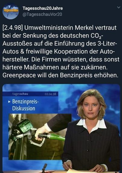 Screenshot Tagesschau, Hintergundbild: Tankstutzen

[2.4.98] Umweltministerin Merkel vertraut
bei der Senkung des deutschen CO,-
Ausstoles auf die Einführung des 3-Liter-
Autos & freiwillige Kooperation der Auto-
hersteller. Die Firmen wiissten, dass sonst
härtere Maßnahmen auf sie zukamen.
Greenpeace will den Benzinpreis erhöhen.

tagesschau vor 20 Jahren

Benzinpreis-
Diskussion