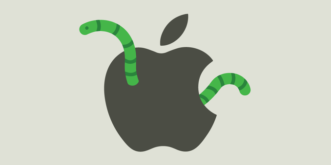 Illustration of a green worm through the logo of a bitten apple.
