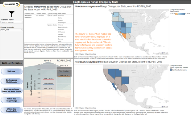 screen shot - intercative web mapping app - The results for the northern rubber boa range change by state, displayed on a data visualization dashboard created to supplement the journal article "Climate futures for lizards and snakes in western North America may result in new species management issues."