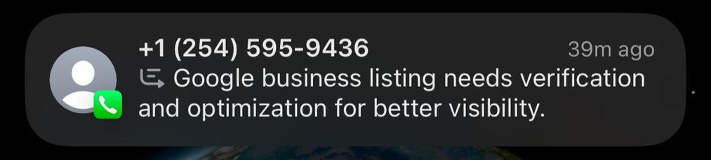 Apple Intelligence summary of a text message containing “Google business listing” spam