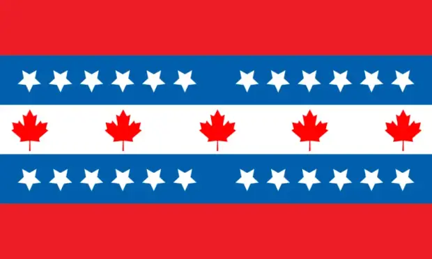 Flag of the United Canadian and American states, a fictional nation in the dystopian alternate history setting called ShadowRun. 

The flag has a white horizontal stripe between two blue horizontal stripes of equivalent thickness on a red field. Each blue stripe has twelve white stars pointing downward, while the white stripe has five red maple leaves, pointing upward.