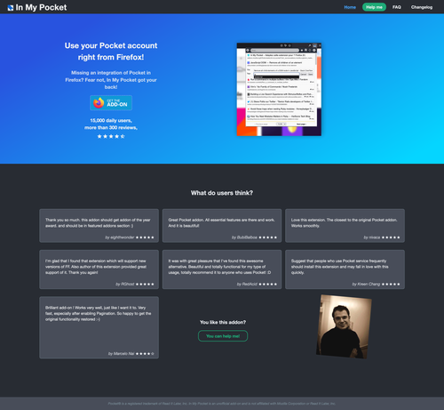 (new) dark theme for inmypocket.com, the In My Pocket browser addon homepage